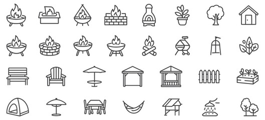 Fototapeta premium Backyard Firepit & Outdoor Features Line Icons – Unique Vector Set for Landscaping, Patio Design, Camping & Garden Projects