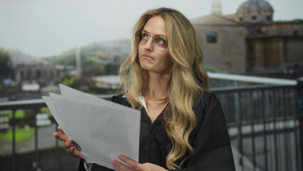 Fototapeta premium Young blonde woman judge in uniform reviews papers outdoors with a historic building in the background, suggesting authority and legal context.