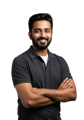 Young Indian man, late 20s-early 30s, short black hair, well-groomed beard, friendly smile, dark grey polo over white t-shirt, arms crossed in a bright professional white studio with high-key