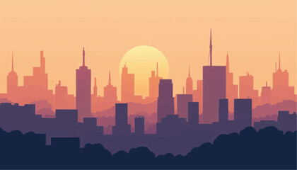 Obraz premium Silhouette City Skyline at Sunset with Bright Orange Sun Over Skyscrapers