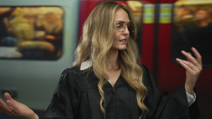 Woman hands gesturing on trainstation convey young blonde judge uniform encountering blurred...