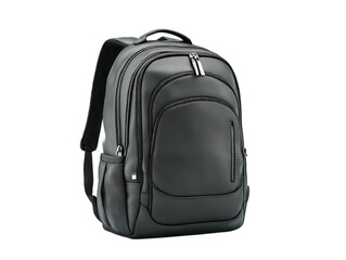 Modern black backpack with multiple zippers and pockets isolated on transparent background