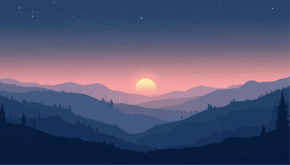 Sunset Over Mountain Landscape with Forest Silhouettes and Starry Sky in Soft Pastel Colors