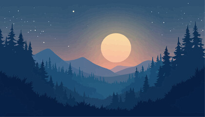 Serene Night Mountain Landscape with Full Moon and Starry Sky in Silhouette Style