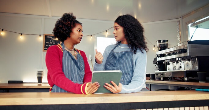 People, team and cafe with tablet at small business for online order, inventory update and event planning. Women, explain and digital with price list, menu checklist and vendor training of food truck