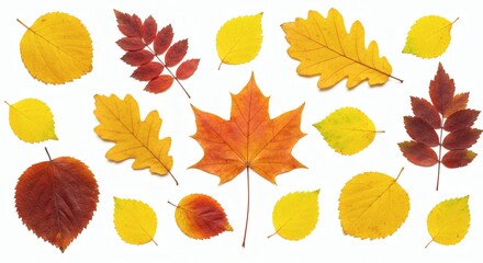 Obraz premium Autumns Palette Colorful Leaf Collection on Crisp White Backdrop.