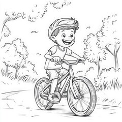 Enthusiastic Boy Rides His Bike in a Scenic Park Coloring Page