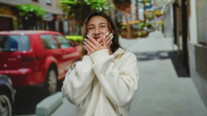Fototapeta premium Young woman in white sweater giggles playfully while covering her face on a sunny city street with vibrant red car and greenery around.
