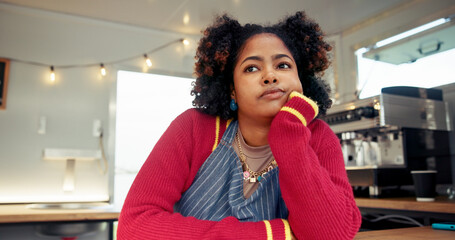 Thinking, unhappy and waiting with woman in food truck for service or small business startup...