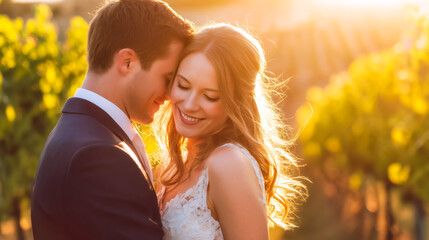 A romantic couple embraces in a vineyard during sunset, capturing a moment of joy and love amidst nature's beauty.