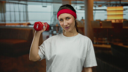 Young woman exercising with dumbbell in a restaurant setting wearing red headband and white shirt...