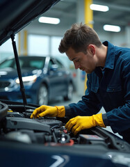 Mechanic works on car in garage with open hood. Man in blue jacket, yellow gloves repairs engine in clean organized automotive workshop with many cars surrounding. Vehicle maintenance, repair,