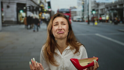 Woman frustrated with broken shoe on city street showing emotion frustration cars buildings background outdoor urban scene daytime