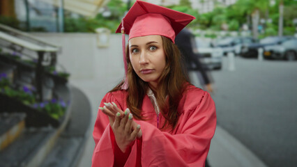 Young woman wearing graduation gown stands outdoors on a city street during a sunny day with a...