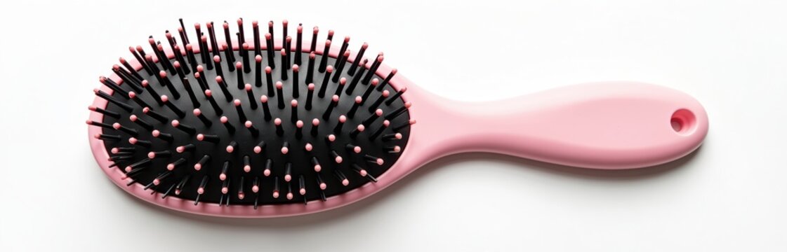 Black hairbrush with pink bristles positioned on gray surface. Haircare accessory ready for use. Central focus on hairbrush details, plain gray background. - Powered by Adobe
