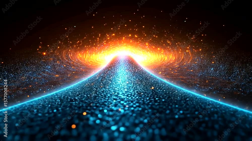 Poster abstract light tunnel with glowing particles and energy beam animation visual