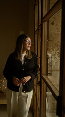 Woman standing in a mediterranean house gazing outside through a large window, reflecting a serene and relaxed mood indoors.