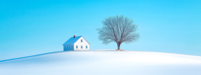 A serene winter landscape featuring a solitary house and a bare tree against a clear blue sky, evoking tranquility and isolation.