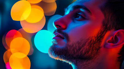 A side profile of a man against vibrant, blurred lights, capturing a moment of introspection and creativity in a lively atmosphere.