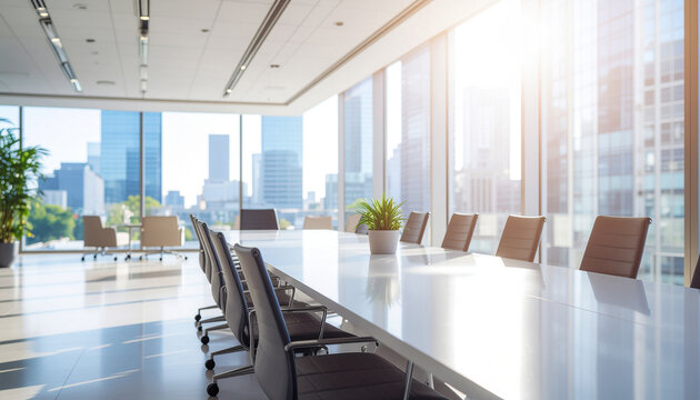 Close-up of an empty meeting table with no one in the background of a blurry company meeting room.