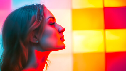 A side profile of a woman illuminated by vibrant, colorful lights, exuding a serene and reflective beauty.