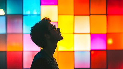 A silhouette of a young man gazing upward, surrounded by vibrant colorful squares that evoke a sense of wonder and creativity.