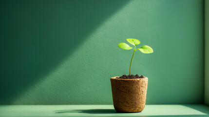 A small green plant in a minimalistic pot, bathed in soft sunlight, symbolizing growth and vitality in a serene environment.