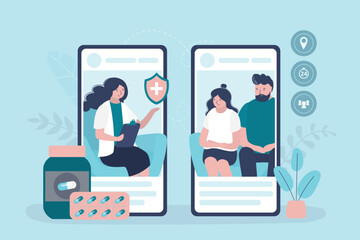 Couple decides mental problems on private online counseling. Patients at psychological consultation in mobile phone app. Male and female psychology.
