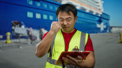 Young man at seaside port displaying determination holding clipboard against docked ship background...