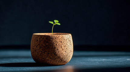 A small green sprout emerging from a textured pot, symbolizing growth and new beginnings in a tranquil setting.