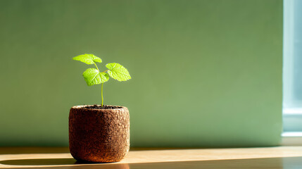 A small green plant grows in a textured pot, bathed in soft sunlight against a minimalist green wall, symbolizing growth and tranquility.