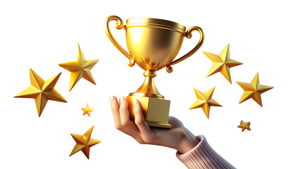 A golden trophy and stars held by a hand isolated on transparent background
