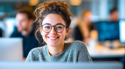 A smiling woman wearing glasses in a modern office environment, showcasing joy and positivity while working on a computer.