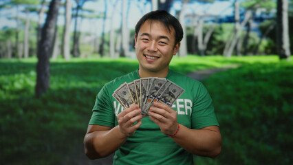Young man in a park smiling while holding multiple us dollar bills, wearing a green volunteer shirt...