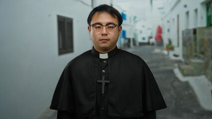 Asian priest standing on a quiet narrow street in an urban setting, wearing glasses and a black...