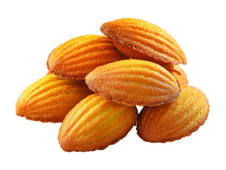 Pile of golden brown french madeleine cookies isolated on transparent background