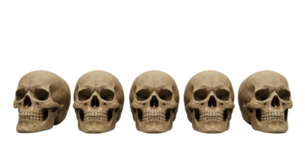 Six distinct weathered human skulls with aged bone texture and anatomical details, precisely arranged in a line on a pure bright white studio background, concept of scientific study