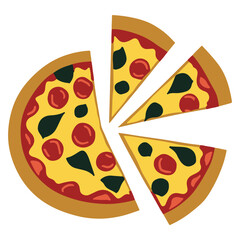 Pizza with Tomato and Basil Vector Sliced Circle Flat Design