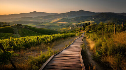 Pathway to serenity: A scenic trail meanders through a lush vineyard, offering an immersive journey amidst rolling hills, capturing the essence of nature's beauty and tranquility.
