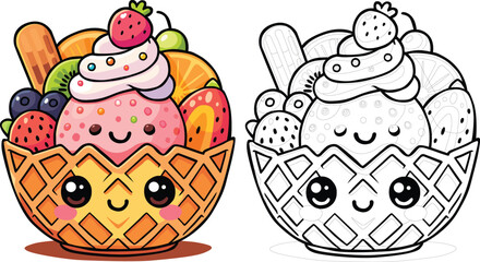 Cute Kawaii Ice Cream Sundae in Waffle Bowl with Fruits Adorable Vector Cartoon for National Ice Cream Day, Summer Dessert Illustration with Smiling Toppings, Whipped Cream and Colorful Sprinkles