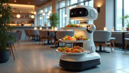 White robot arm reaches out to food tray with sandwiches, fruits, and vegetables. Robot arm has camera, views food. Food arranged neatly on tray in restaurant kitchen.