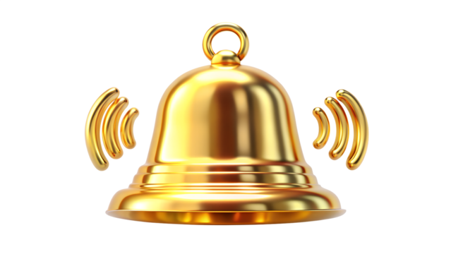 A shiny golden bell is ringing isolated on transparent background