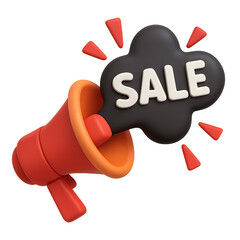 3D red megaphone with dramatic black smoke and red rays shouting the word &ldquo;SALE&rdquo; in bold, promotional expression style