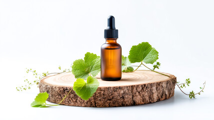 A soothing herbal oil in a glass dropper bottle, surrounded by fresh green leaves on a wooden slice, symbolizing natural wellness.