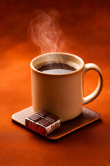A steaming cup of coffee beside a piece of chocolate on a warm, inviting background, evoking comfort and indulgence.