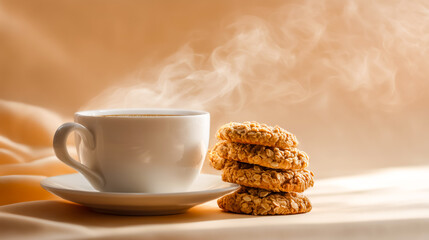 A steaming cup of coffee beside a stack of delicious cookies, creating a cozy and inviting atmosphere for relaxation.
