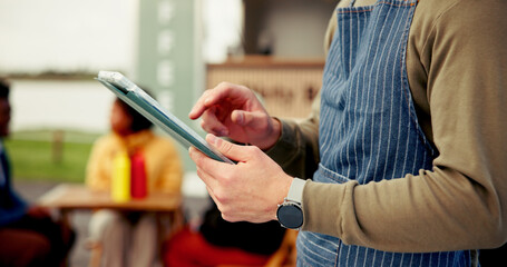 Tablet, food truck and hands of man outdoor for online menu, customer order and product inventory. Restaurant, mobile cafe and waiter on digital tech for bistro website, internet and price list