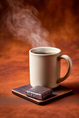 A steaming cup of coffee placed on a textured surface, accompanied by a piece of chocolate, creating a warm and inviting scene.