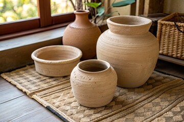 A serene indoor scene featuring various clay pots on a woven mat near a sunlit window