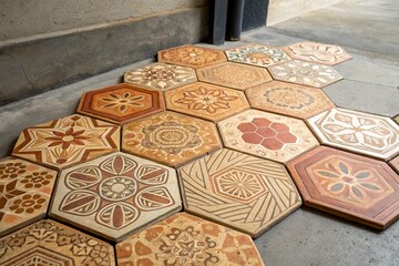 Artistic hexagonal tiles arranged on a floor, showcasing intricate patterns and colors in a modern setting
